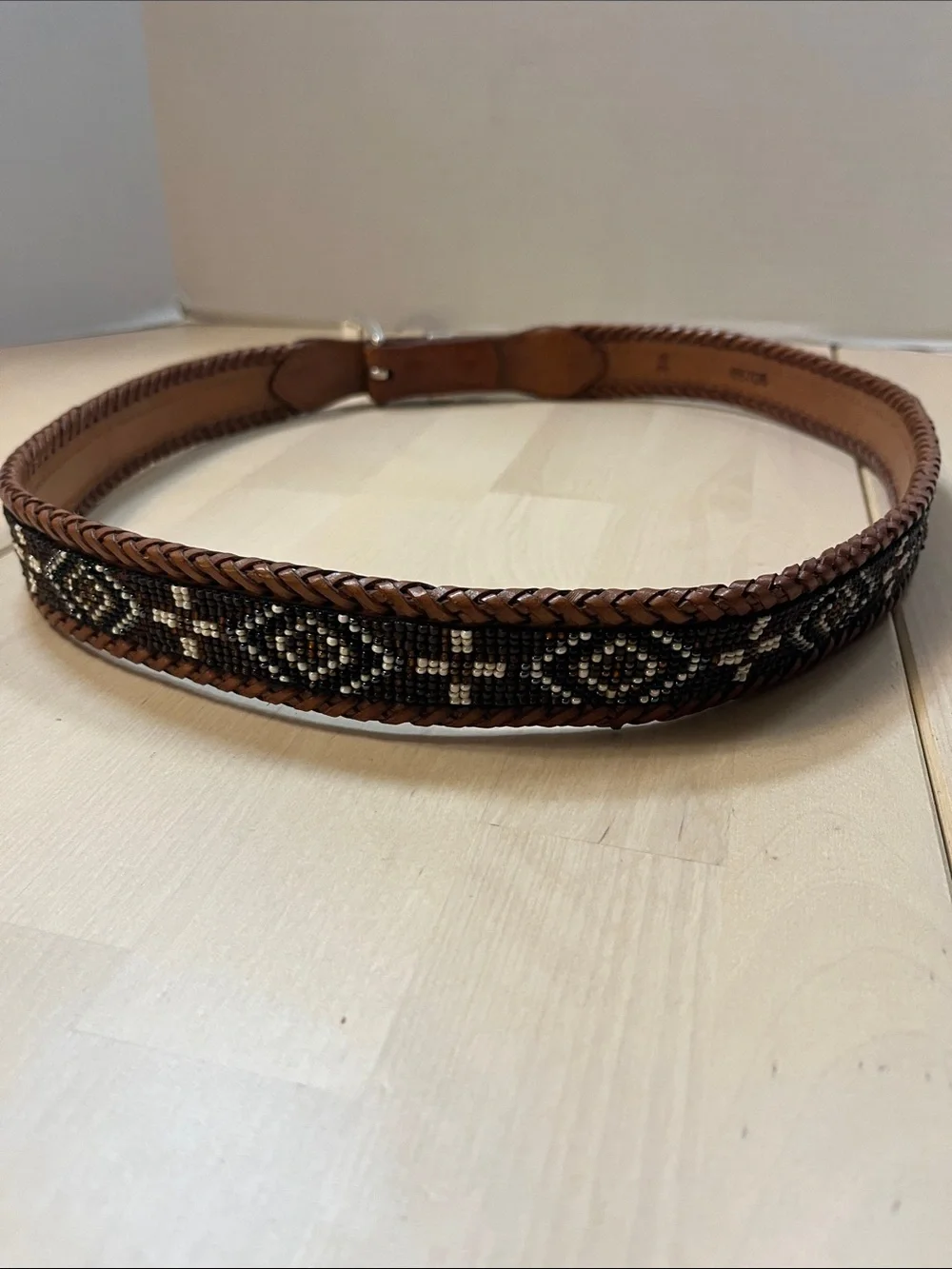 Brown Leather & Decorative Beaded Belt w/ Silver Hardware Men’s Size 38
